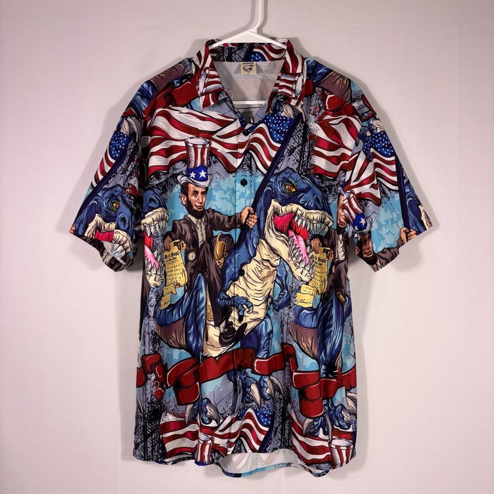 Men's Patriotic Dinosaur Abraham Lincoln Print Button Down Shirt Size Medium